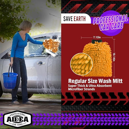 AIDEA Car Wash Mitt Microfiber, 1PK Scratch Free Lint-Free, Premium Chenille Microfiber Mitt Car Wash Brush, Orange, Regular Size 7.12''X10.14''