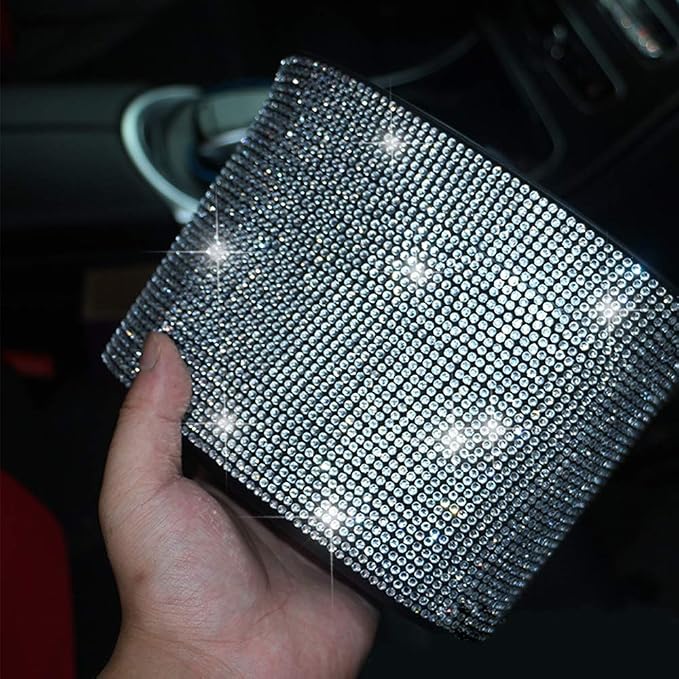 Bling Crystal Car Trash Can Auto Hanging Car Trash Can Sparkling Storage Holder Litter Container for Vehicle Office Home (White Rhinestone)