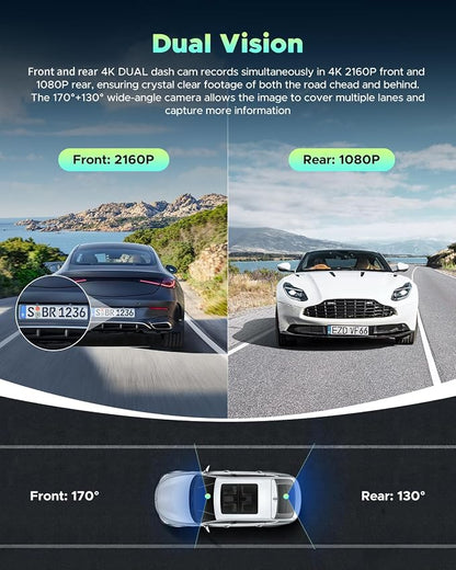 4K Dash Cam Front and Rear with 64GB Card, 5G WiFi & App Control | Full HD 3.0" IPS Screen Dash Camera for Cars with Night Vision, WDR, G-Sensor, Loop Recording & Parking Mode for Drivers