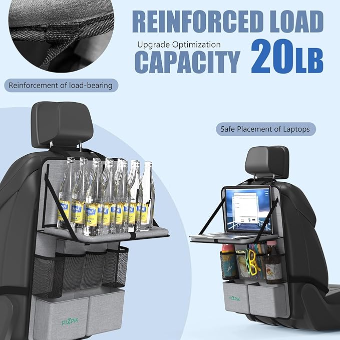 Plzpik Car Backseat Organizer with Tablet Holder,11 Storage Pockets with Foldable Food Tray, Protector Kick Mats for Kids, Travel Accessories Organizer (Gray, 2Pack with Food Tray)