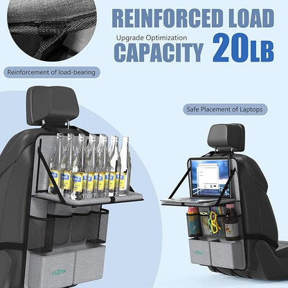 Plzpik Car Backseat Organizer with Tablet Holder,11 Storage Pockets with Foldable Food Tray, Protector Kick Mats for Kids, Travel Accessories Organizer (Gray, 2Pack with Food Tray)