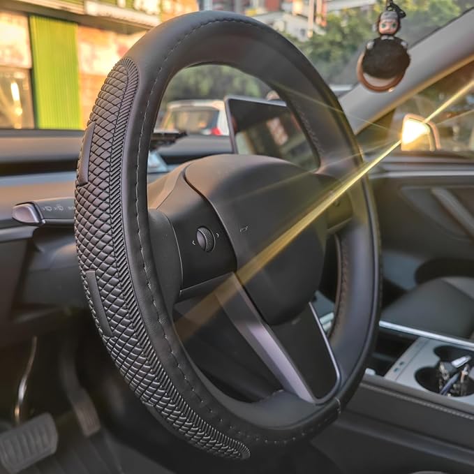 D Shape Steering Wheel Cover for Tesla Model 3 / Y, for Camaro, 14-14.25 Inch Black Leather Car Wheel Cover for Men Women