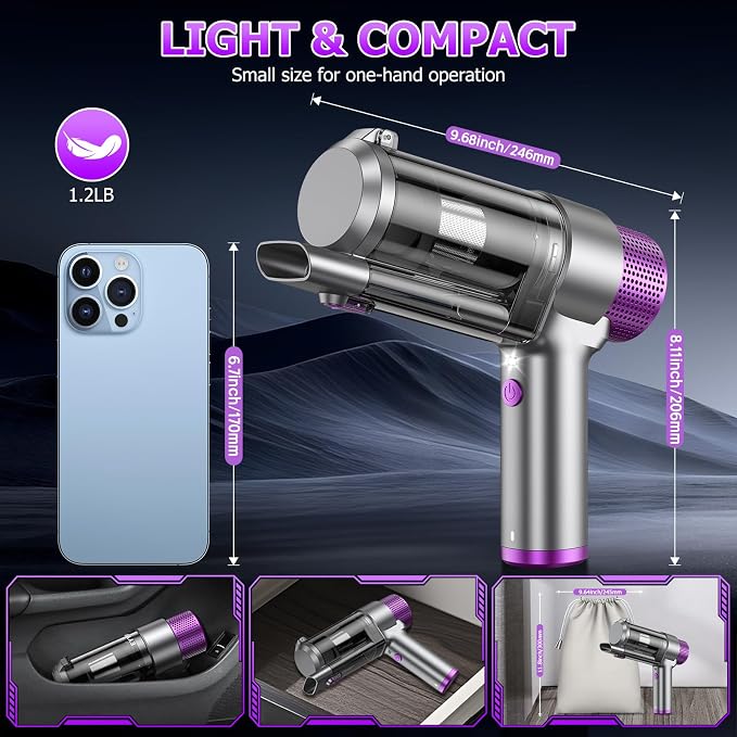 EYYA Handheld Car Vacuum Cleaner Cordless, 16000PA Powerful Hand Held Vacuum Cordless Rechargeable, 4-in-1 Portable Mini Vacuum & Air Duster with Multi-Nozzles and LED Light for Car Home Office