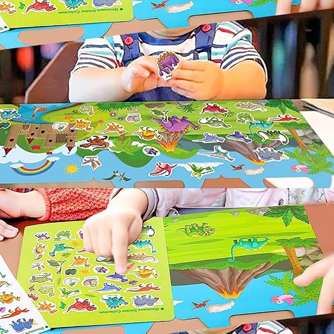 Reusable Sticker Book, Dinosaur Stickers Educational Learning Toys Travel Stickers Activity Books for Toddler Girls Boys Age 3+ Birthday Gifts