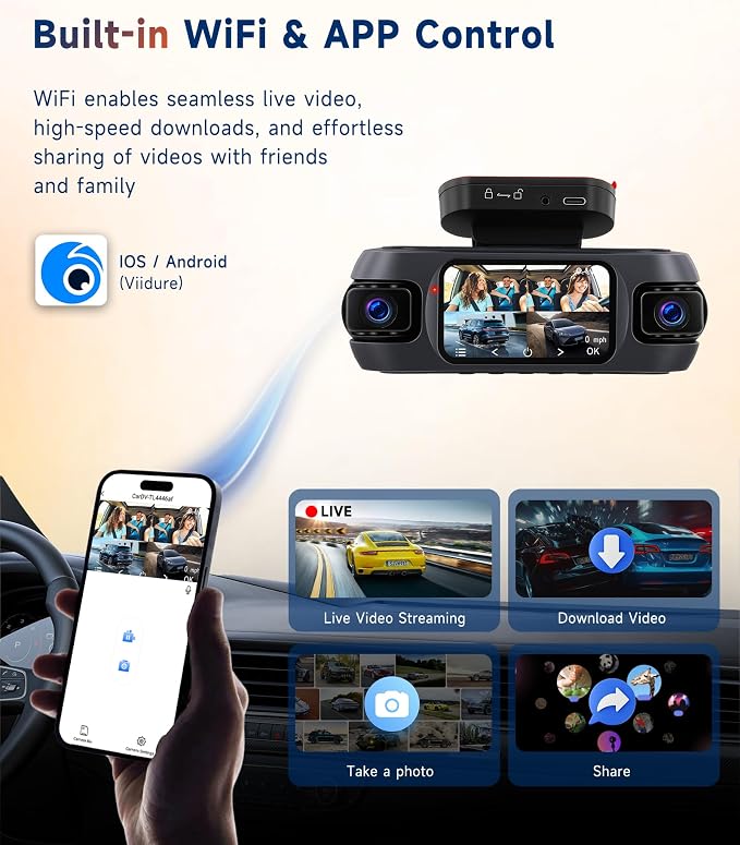 4K 360° Dash Cam 4-Channel Front/Rear/Inside/Side Car Dash Camera with WiFi, APP Control, Built-in GPS,128GB SD Card Included, 8 IR Night Vision, G-Sensor, 24/7 Parking Mode