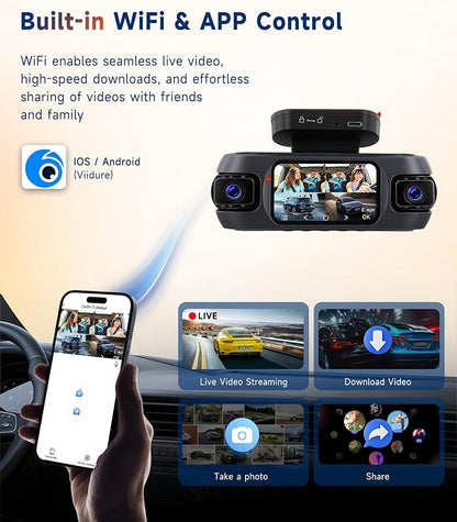 4K 360° Dash Cam 4-Channel Front/Rear/Inside/Side Car Dash Camera with WiFi, APP Control, Built-in GPS,128GB SD Card Included, 8 IR Night Vision, G-Sensor, 24/7 Parking Mode