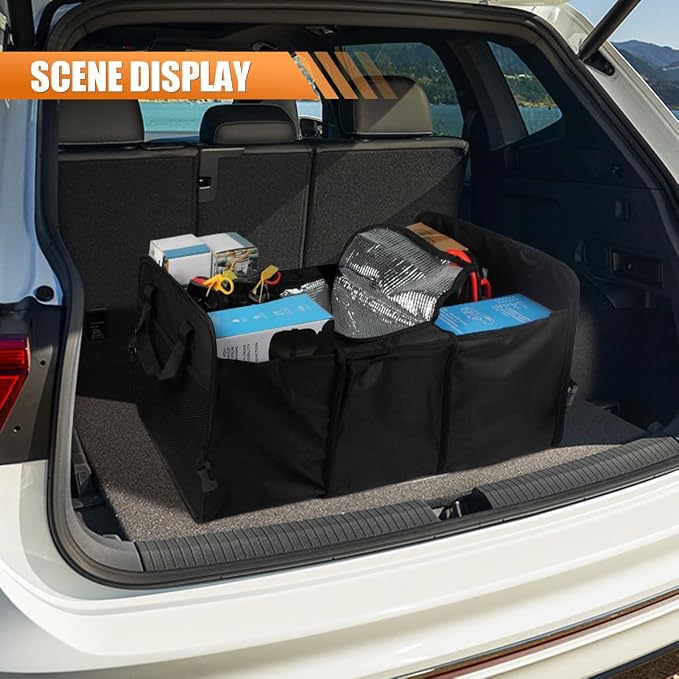 Car Trunk Organizer, Oxford Fabric Waterproof & Anti-Slip Vehicle Storage Box with Leak Proof & Insulated Cooler Bag, Large Capacity Foldable Auto Storage Box for Car, SUV, Truck (Black)