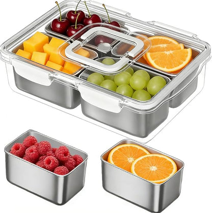Snackle Box Container, Stainless Steel Divided Serving Tray with Lid and Handle, Large Snack Tray for Fruit Veggie Candy, 4-Compartment Snack Platter for Travel Party Beach Picnic