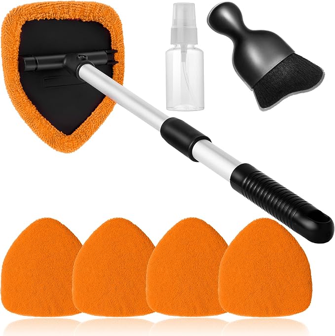 Qydipclin 7pcs Windshield Cleaner Tool Car Window Cleaning Wash Kit with 4 Reusable Microfiber Pads 1 Spray Bottle and Extendable Handle Auto Glass Wiper Kit, Orange