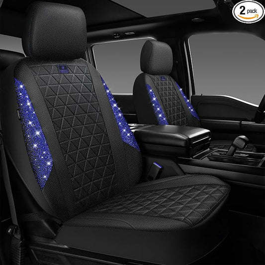 CAR PASS Oxford Bling Diamond Car Seat Covers 2 Front Interior Sets, Waterproof Shining Glitter Sparkly Crystal Universal Armrest Fit 95% Automotive Truck SUV Cute Women Girl, Black Blue Rhinestone