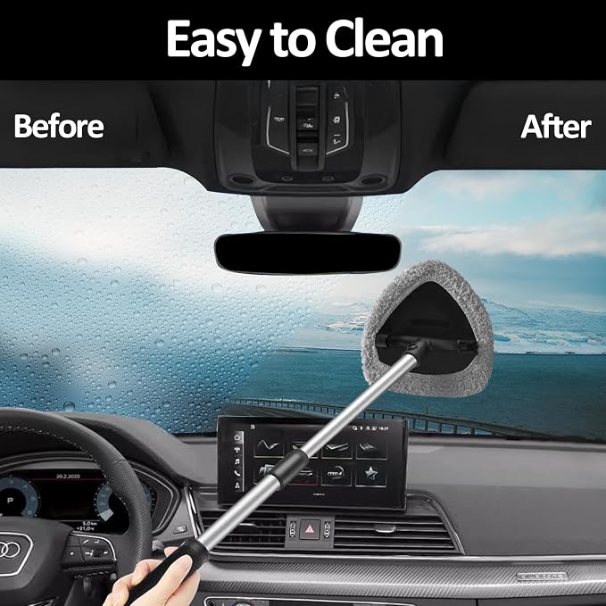 Car Windshield Cleaning Tools, Expandable Car Window Cleaner kit with 4 Reusable Microfiber Pads, Windshield Cleaning Wand Tool, Auto Interior Dust Brush, for Trucks, SUVs, RVs etc