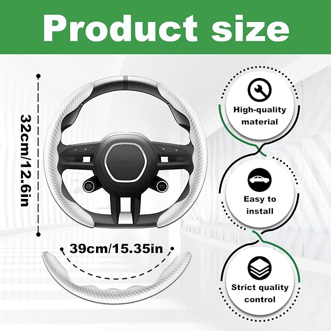 2pcs Carbon Fiber Anti-Skid Steering Wheel Cover, Anti-Skid Steering Wheel Cover/Segmented Steering Wheel Protector/Car Interior Accessories for Men/Women - Durable(White)