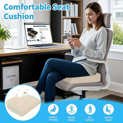 TranquilRelax 2XL Seat Cushion, Memory Foam Cushion for Long Sitting Hours on Office Chair, Car Seat, Non-Slip Chair Pad for Sciatica, Coccyx, Tailbone Pain Relief & Post-Surgery Recovery (Khaki)