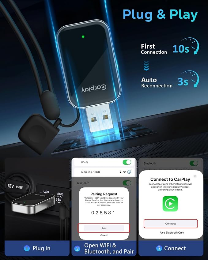 Wireless CarPlay Adapter for Apple iPhone - 2025 Wired Car Play to Wireless Dongle, USB-A/C Plug & Play, Stable Bluetooth CarPlay Adapter Only for iPhone iOS 10+ & Cars with Factory Wired Car Play