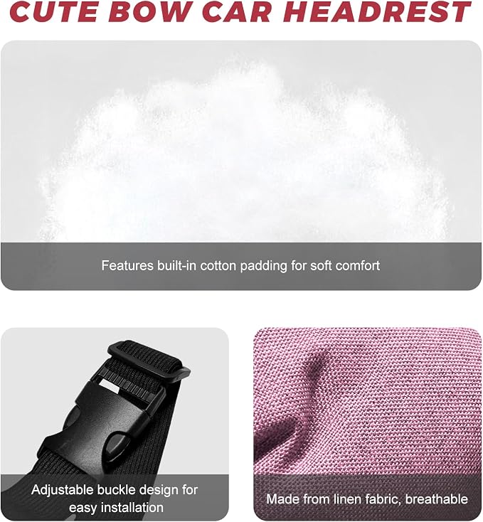 Cute Bow Car Headrest Pillow, Soft Comfortable Bow Auto Seat Pillow with Adjustable Strap, Breathable Ergonomic Neck Support Cushion Bowtie Decoration for Most Vehicles (Pink)