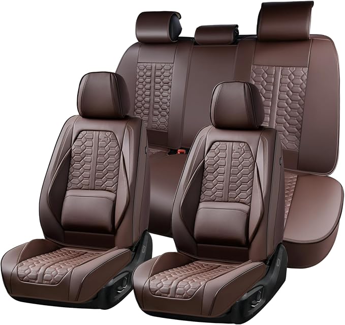 Huidasource Car Seat Covers Full Set, Car Seat Cushion Cover, Full-Cover Leather Car Seat Covers Front and Rear 5 Seats, Waterproof Automotive Seat Covers Fit for Most Cars SUV Trucks, Coffee
