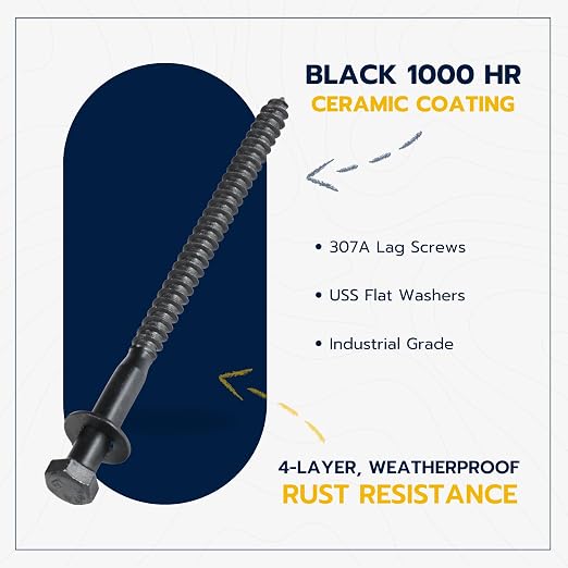 3/8 x 6 (50 Pack) Lag Screw Kit, 50 Screws and 50 Washers, Ceramic Black Ruspert Coating for Exterior Use, Meets ASTM A307 and ASME B18.2.1, Industrial/Commerical Grade by Makers Bolt