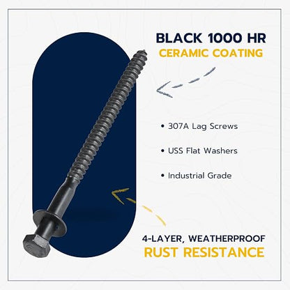 3/8 x 6 (50 Pack) Lag Screw Kit, 50 Screws and 50 Washers, Ceramic Black Ruspert Coating for Exterior Use, Meets ASTM A307 and ASME B18.2.1, Industrial/Commerical Grade by Makers Bolt