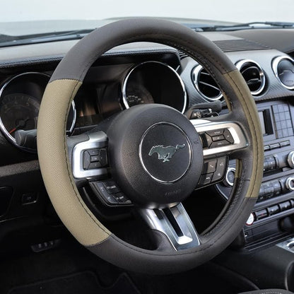 BDK Two Tone Perforated PU Leather Steering Wheel Cover for Car Van SUV Truck, 14.5 to 15 inch, Standard, Beige