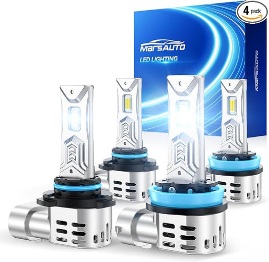 Marsauto 9005 H11 Light Bulbs Combo, 120,000 Lumens 12X Brighter 6500K Cool White, H9 H8 HB3 Fog light Bulbs, 1:1 Mini Size, Plug and Play, Pack of 4