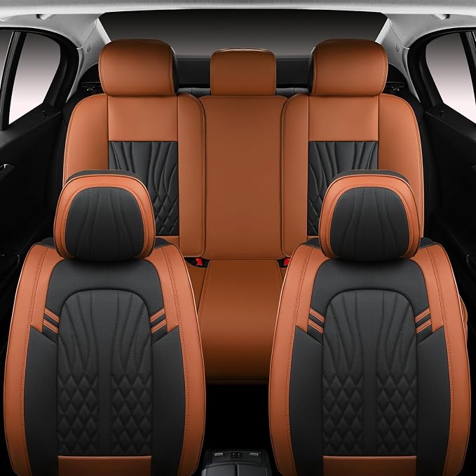 MINGBRON Leather Car Seat Covers,Car Seat Protector Waterproof,Seat Covers Full Set, Car Seat Protectors 5 Seats,Automotive Seat Covers Fit Most Cars Black&Brown