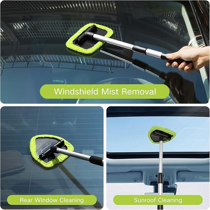 Qydipclin 7pcs Windshield Cleaner Tool Car Window Cleaning Wash Kit with 4 Reusable Microfiber Pads 1 Spray Bottle and Extendable Handle Auto Glass Wiper Kit, Blue&Green