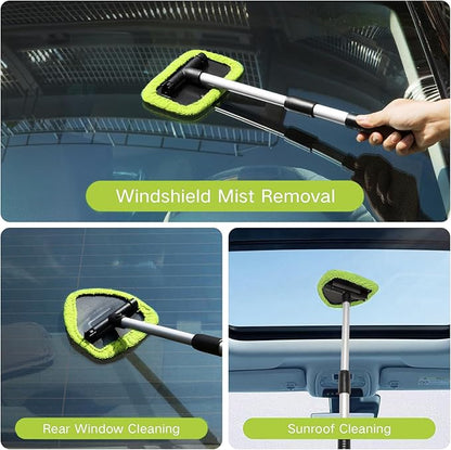 Qydipclin 7pcs Windshield Cleaner Tool Car Window Cleaning Wash Kit with 4 Reusable Microfiber Pads 1 Spray Bottle and Extendable Handle Auto Glass Wiper Kit, Blue&Green