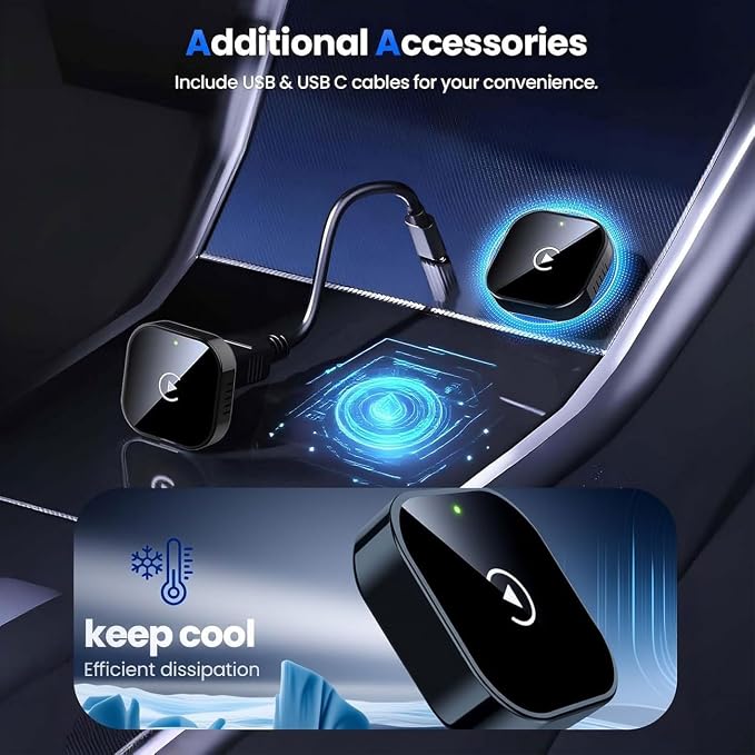 2 in 1 CarPlay Adapter for Skoda Fabia Scala Kamiq, CarPlay Wireless Adapter with Auto Reconnect Fast Pairing Bluetooth Connection Compact USB Dongle,B/Black-Bottom Heat Dissipation