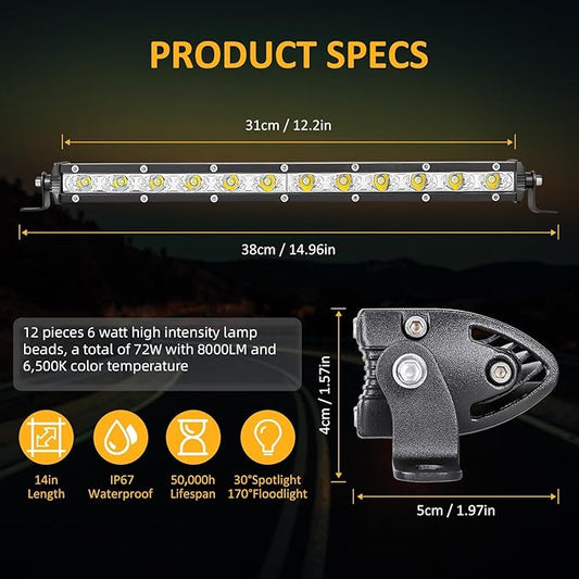 Zmoon 12 Inch LED Light Bar, 72W Spot Flood Combo Beam Light Bar, 8000 lm 6500K White, IP67 Waterproof Offroad Light Bars for Trucks, SUVs, ATVs, Boats
