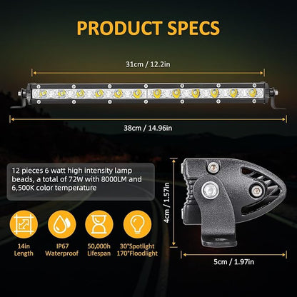 Zmoon 12 Inch LED Light Bar, 144W Spot Flood Combo Beam Light Bar, 8000 lm 6500K White, IP67 Waterproof Offroad Light Bars for Trucks, SUVs, ATVs, Boats, 2-Pack