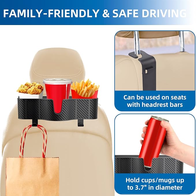 OUSHASAA 3-in-1 Car Headrest Backseat Organizer with 3.7" Backseat Cup Holder for Car, Seat Back Organizer with Hooks