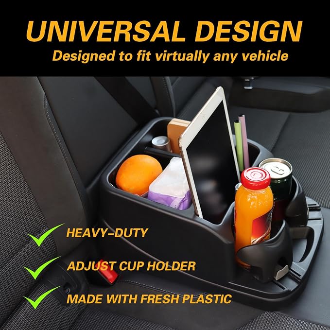 Large Size Plastic Console for Cars, Trucks, Minivans, SUVs with 2 Adjustable Drink Cup Holders Phone Book Holder, Back Bench and Front Seat or Floor Middle Console Universal Vehicle Organizer Black