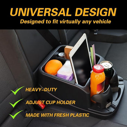 Large Size Plastic Console for Cars, Trucks, Minivans, SUVs with 2 Adjustable Drink Cup Holders Phone Book Holder, Back Bench and Front Seat or Floor Middle Console Universal Vehicle Organizer Black