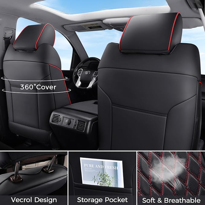 Huidasource Front Car Seat Covers for Dodge Ram, Waterproof Seat Cushion Ram Pickup Truck Seat Protector Fit for 2009-2025 Ram 1500, 2010-2025 Ram 2500/3500 Crew/Mega Cab(Concave Front/Black&Red)