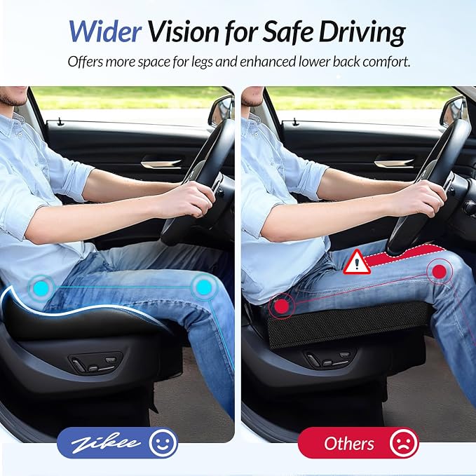ZIKEE Leather Car Seat Cushion for Driving Relieves Tailbone & Thigh Pain, Ergonomic Dual Memory Foam Seat Cushion for Car, Raised Back for Wider Vision, Rub-Resistant & Easy-to-Clean Cover, Non-Slip