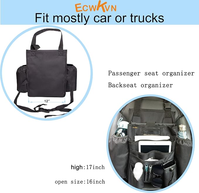 ECWKVN Car Front & Back Seat Organizer with Dedicated Tablet/Laptop Compartment, Passenger Seat File Storage with Cup Holder, Adjustable Backrest, and Padded Shoulder Strap
