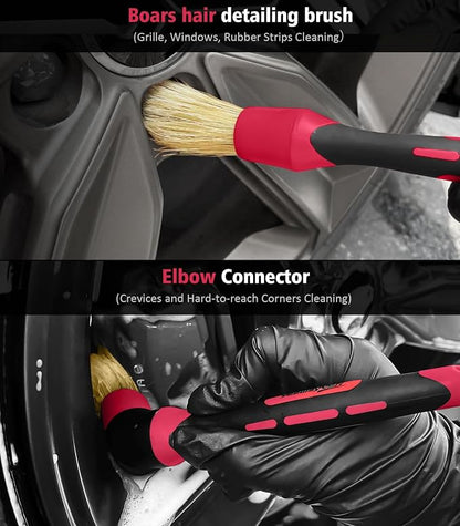 YeewayVeh 6PCS Motorcycle Cleaning Kit with Boar Hair Detailing Brush-Pro Safe for Chrome,Chain, Tire & Engine, Bendable Wheel Brush, Tire and Chain Brush, Wash Mitt & Microfiber Towel for Dirt Bike
