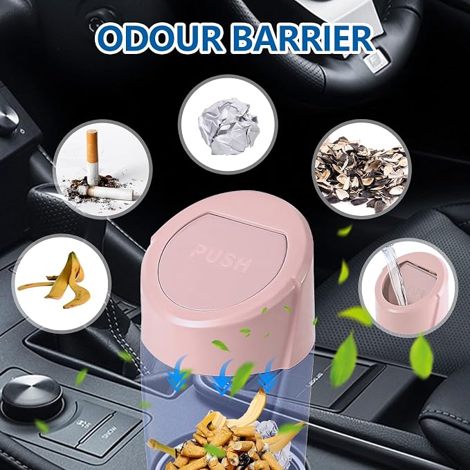 Hovom Mini Car Trash Can with Lid, Portable Garbage Can for Car, Leakproof Cup Holder Automotive Garbage Bin with 2 Rolls of Trash Bags, Small Trash Storage Can for Car Home Office(Pink)
