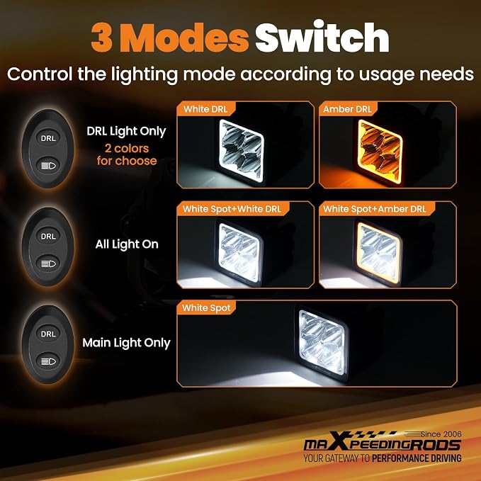 maXpeedingrods 3 Inch 120W LED Pod Lights 12000LM Offroad Light with White/Amber DRL, 5 Modes LED Cube Ditch Lights with Wiring Harness, Spot Light Bar for Jeep Truck UTV ATV Pickup Motorcycle, 2 Pcs