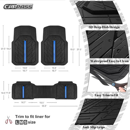 CAR PASS Rubber Floor Mats for Cars, Car Mats Full Sets DeepDish,Universal S~L Size Trim-to Fit Automotive Floor Mat for Truck Van SUV, Heavy Duty Waterproof All-Weather Floor liner Durable Black Blue
