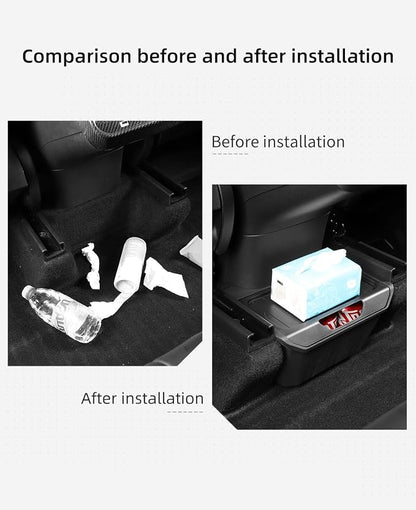 LUCKEASY Rear Center Console Organizer for Tesla Model Y 2021-2024 (Not fit Juniper 2025+) 2nd Row Under Floor Storage Box TPE Connected With ABS Lid Waterproof Model Y Rubbish Bin Anti-scratching