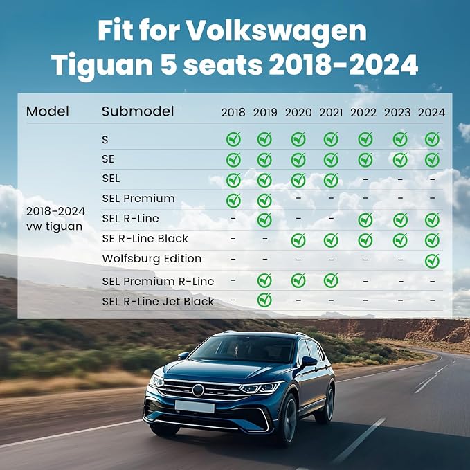 LASFIT Floor Mats & Cargo Mat for 2018-2024 Volkswagen VW Tiguan 5 Seats, Custom Fit All Weather TPE Floor Liners & Trunk Mat, Front Rear Rows and Cargo Liner, Black