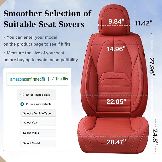 Coverado Seat Covers, Car Seat Covers Front Seats, Automotive Seat Covers, Waterproof Nappa Leather Car Seat Cover, Car Seat Cushion,Red Seat Covers Carseat Cover Universal Fit for Most Cars