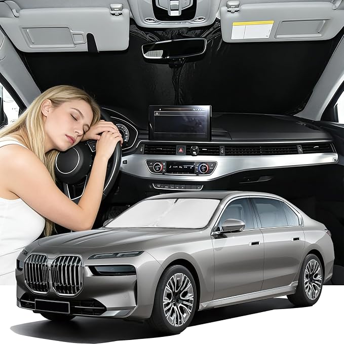 Windshield Sunshade for BMW 7-Series 2016-2022 Sun Shade Windshield Upgrade 4 Layers Blocks UV Rays Custom Fit BMW 7-Series Car Window Shade Front Windshield Keep Cool Foldable Car Accessories