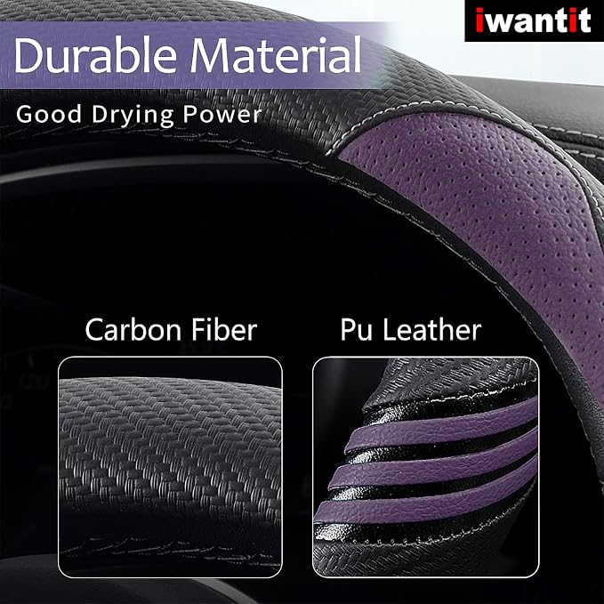 Iwantit® Steering Wheel Covers with Leather and Anti-Slip Rubber Ring, Universal Fit 14.5-15 inches for Cars,SUV (Purple/Black)