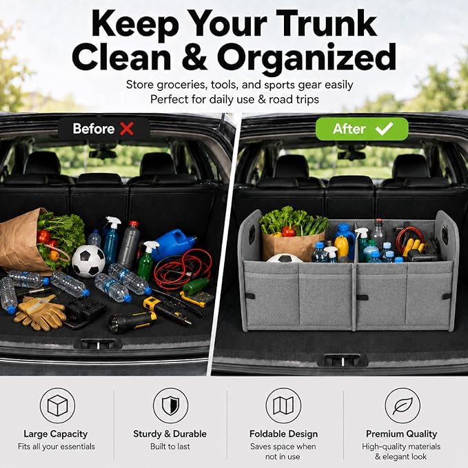 PAT SAM'S Trunk Organizer for SUV, Collapsible Car Trunk Organizer with Dividers, Waterproof 600D Oxford, Non-Slip Storage Organizer for Groceries, Tools, Travel, Truck & Car (Grey)