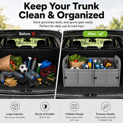 PAT SAM'S Trunk Organizer for SUV, Collapsible Car Trunk Organizer with Dividers, Waterproof 600D Oxford, Non-Slip Storage Organizer for Groceries, Tools, Travel, Truck & Car (Grey)