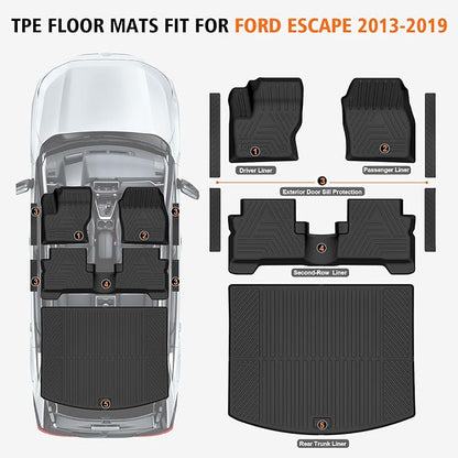 All Weather Car Floor Mats Cargo Liner for Ford Escape 2013-2018 2019, TPE Rubber Floor Liners Anti-Slip Full Set Automotive Mats for 2019 Ford Escape Accessories