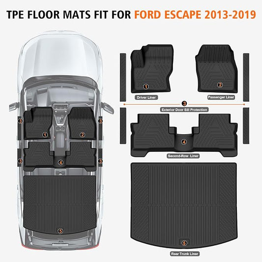 All Weather Car Floor Mats Cargo Liner for Ford Escape 2013-2018 2019, TPE Rubber Floor Liners Anti-Slip Full Set Automotive Mats for 2019 Ford Escape Accessories