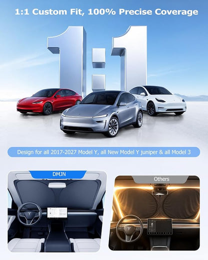 DMJN Front Windshield Sun Shade for Tesla New Model Y, Y & 3 (2017-2026), [Nano Ice-Crystal Coatings] UPF50+ Heat & UV Block, Protect Car Interior & Keep Cool, Flodable Steel-Ring Car Cover for Summer